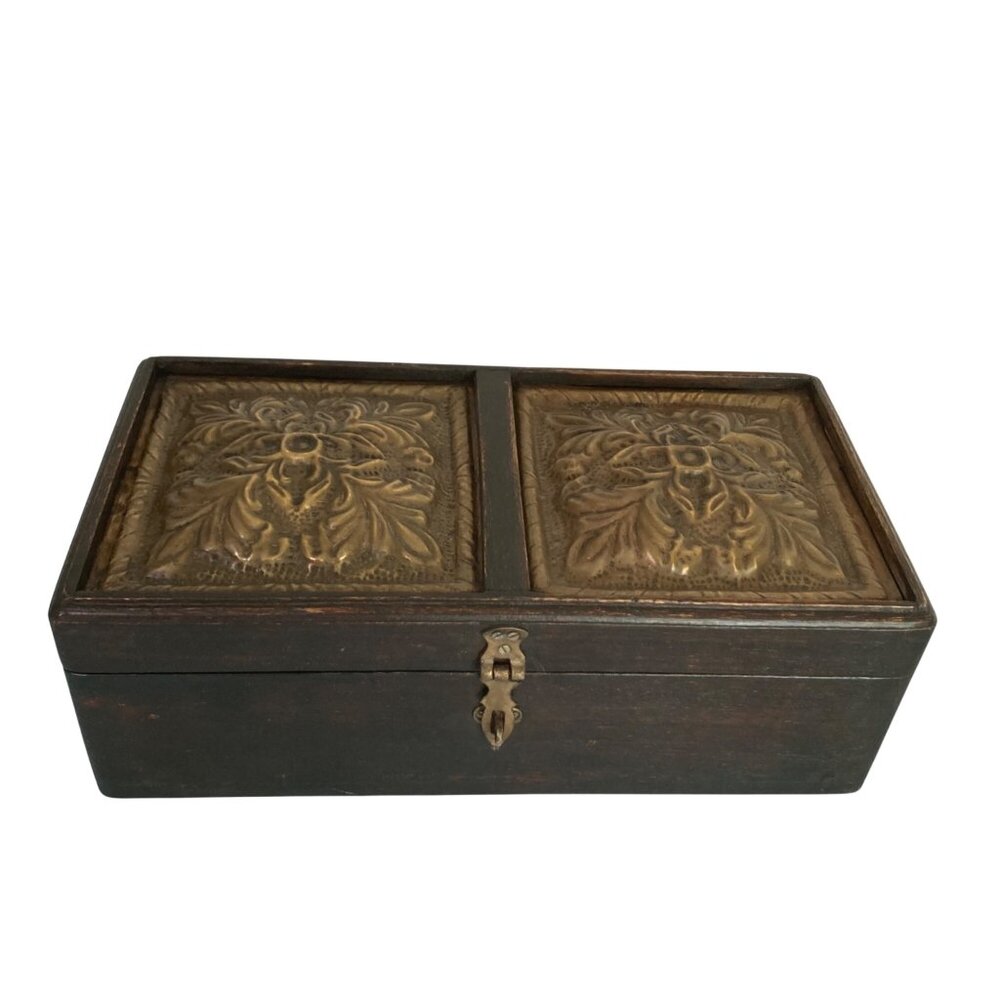Vintage Wooden Keepsake Box Brass Tile Lid Arts & Crafts Style